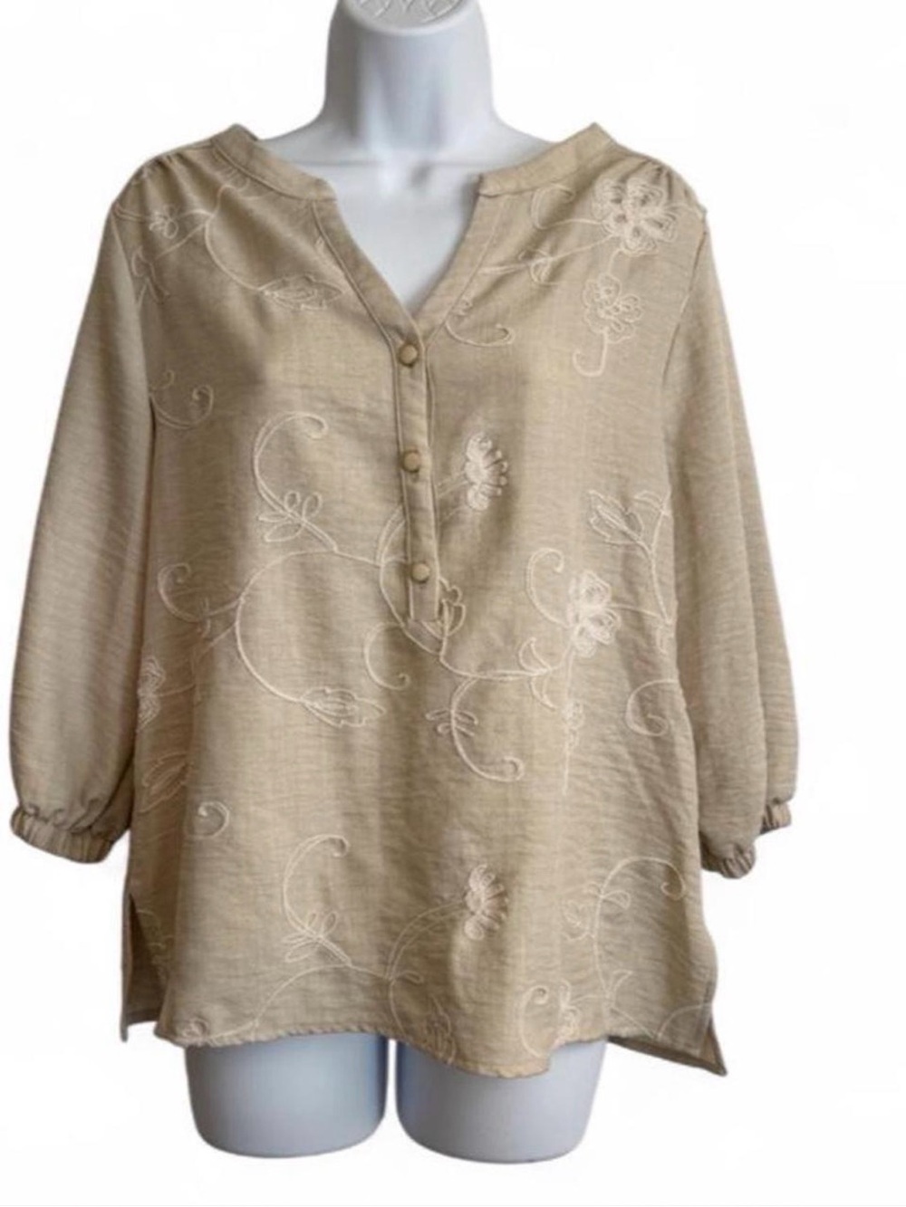 Beige Embroidered V-Neck Tunic Blouse